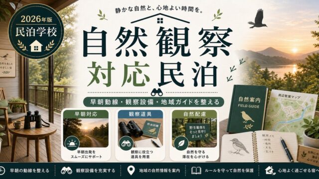 自然観察対応民泊の早朝対応、観察道具、自然配慮を整理した図