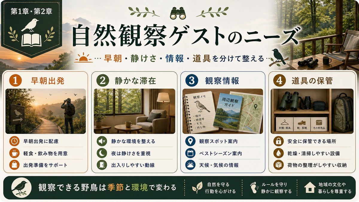 自然観察ゲストのニーズを早朝出発、静かな滞在、観察情報、道具の保管で整理した図