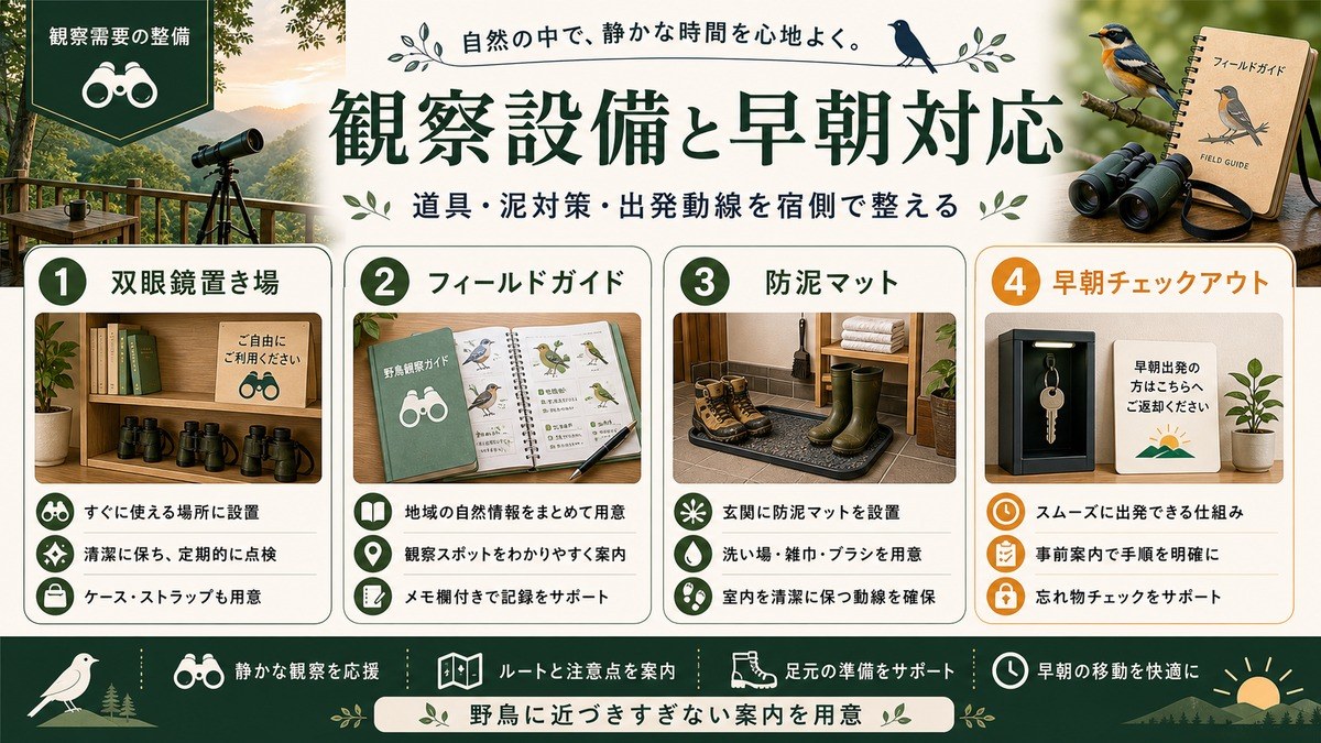 自然観察向け設備と早朝対応を双眼鏡置き場、フィールドガイド、防泥マット、早朝チェックアウトで整理した図