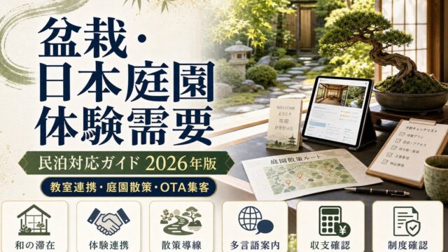 盆栽と日本庭園体験需要に対応する民泊の教室連携、庭園散策、OTA集客、多言語案内、収支確認、制度確認をまとめたアイキャッチ画像