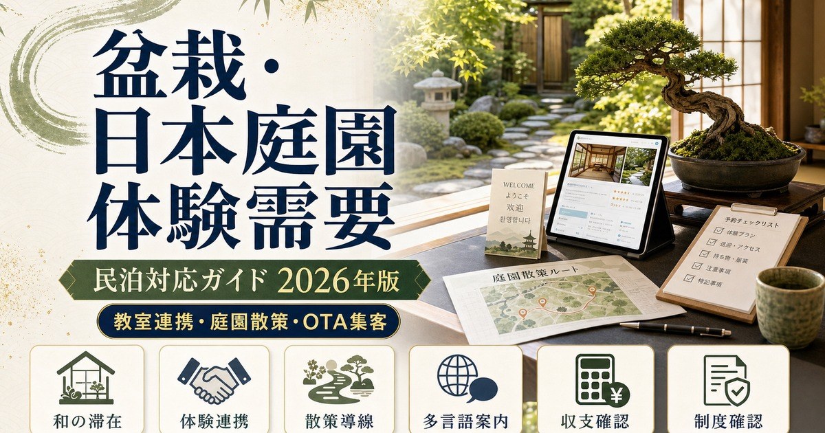 盆栽と日本庭園体験需要に対応する民泊の教室連携、庭園散策、OTA集客、多言語案内、収支確認、制度確認をまとめたアイキャッチ画像