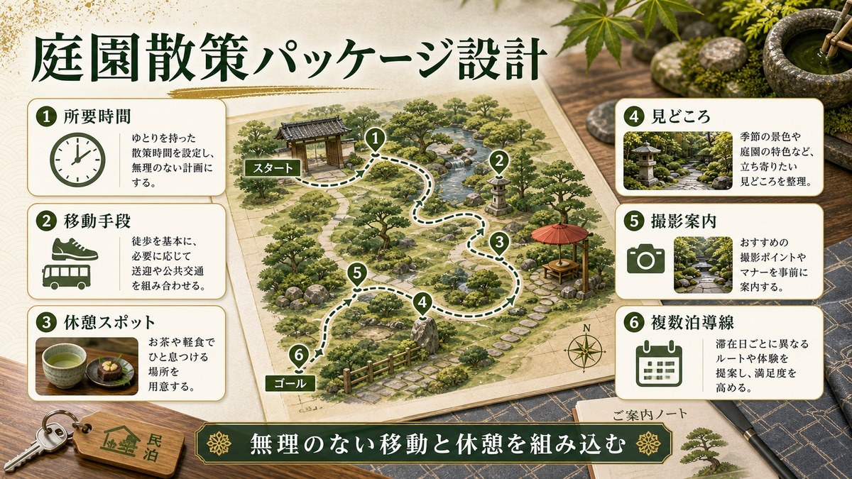 庭園散策パッケージ設計を所要時間、移動手段、休憩スポット、見どころ、撮影案内、複数泊導線で整理した図解