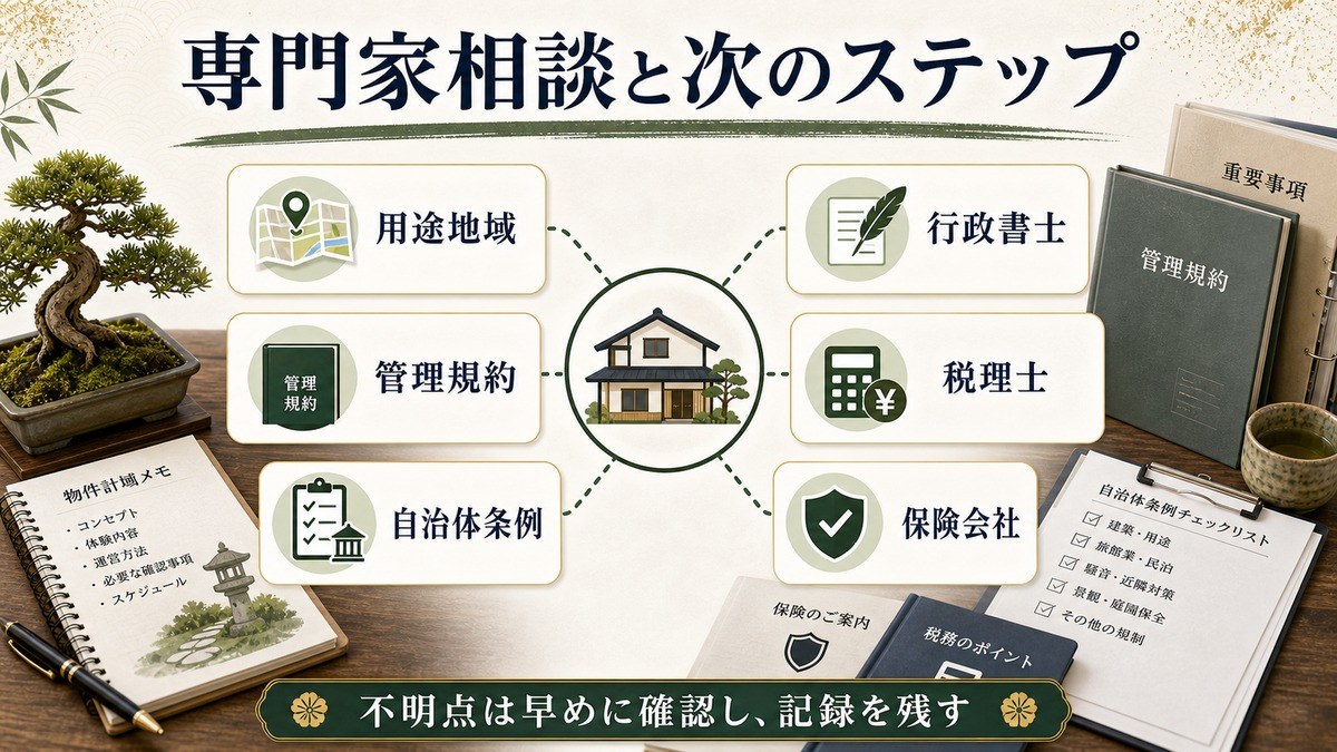 専門家相談と次のステップを用途地域、管理規約、自治体条例、行政書士、税理士、保険会社で整理した図解