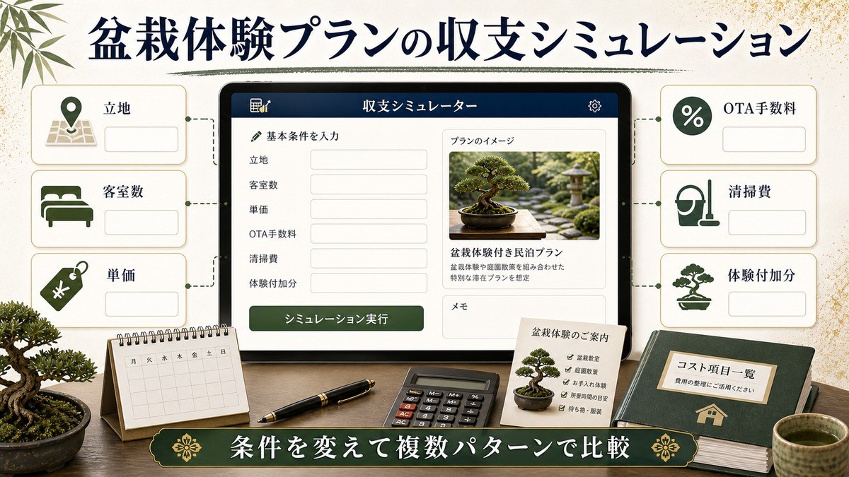 盆栽体験プランの収支シミュレーション項目を立地、客室数、単価、OTA手数料、清掃費、体験付加分で整理した図解