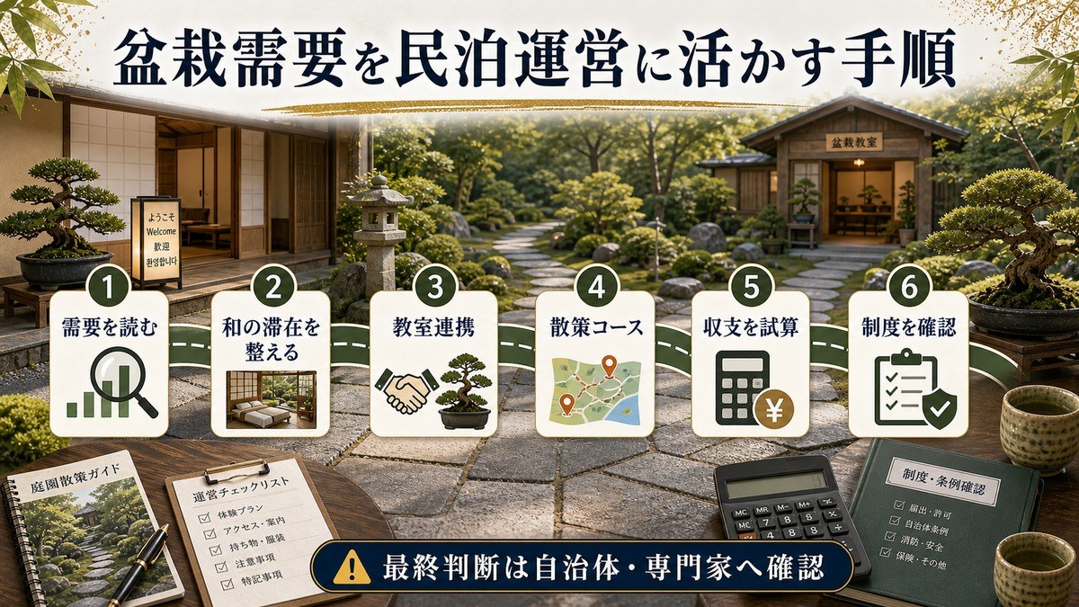 盆栽需要を民泊運営に活かす手順を需要を読む、和の滞在を整える、教室連携、散策コース、収支を試算、制度を確認で整理した図解
