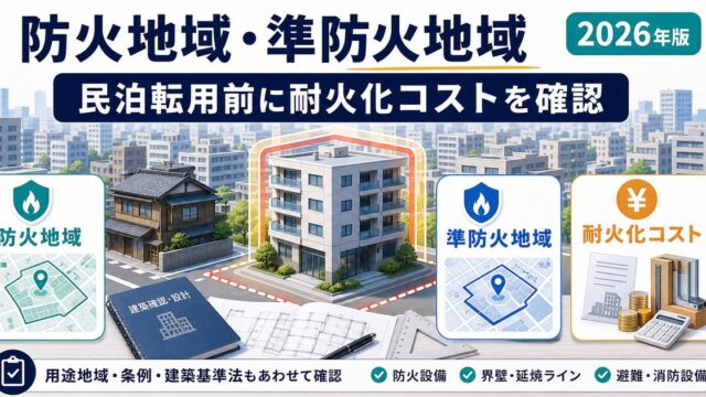 防火地域・準防火地域で民泊転用前に耐火化コストを確認する図解