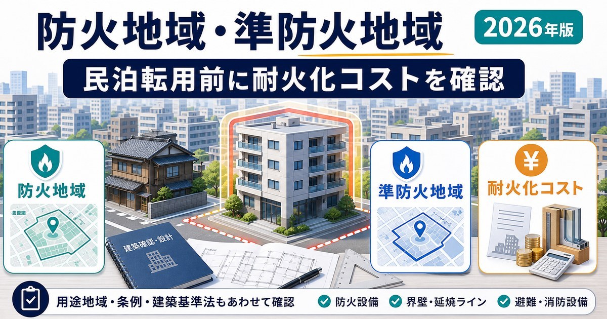 防火地域・準防火地域で民泊転用前に耐火化コストを確認する図解