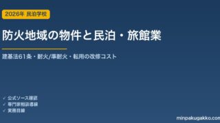 防火地域・準防火地域にある物件で民泊・旅館業を始める前の確認 2026年版｜建築基準法61条の耐火/準耐火構造・民泊転用の耐火化コスト・2019年改正の転用緩和・自治体の上乗せ規制