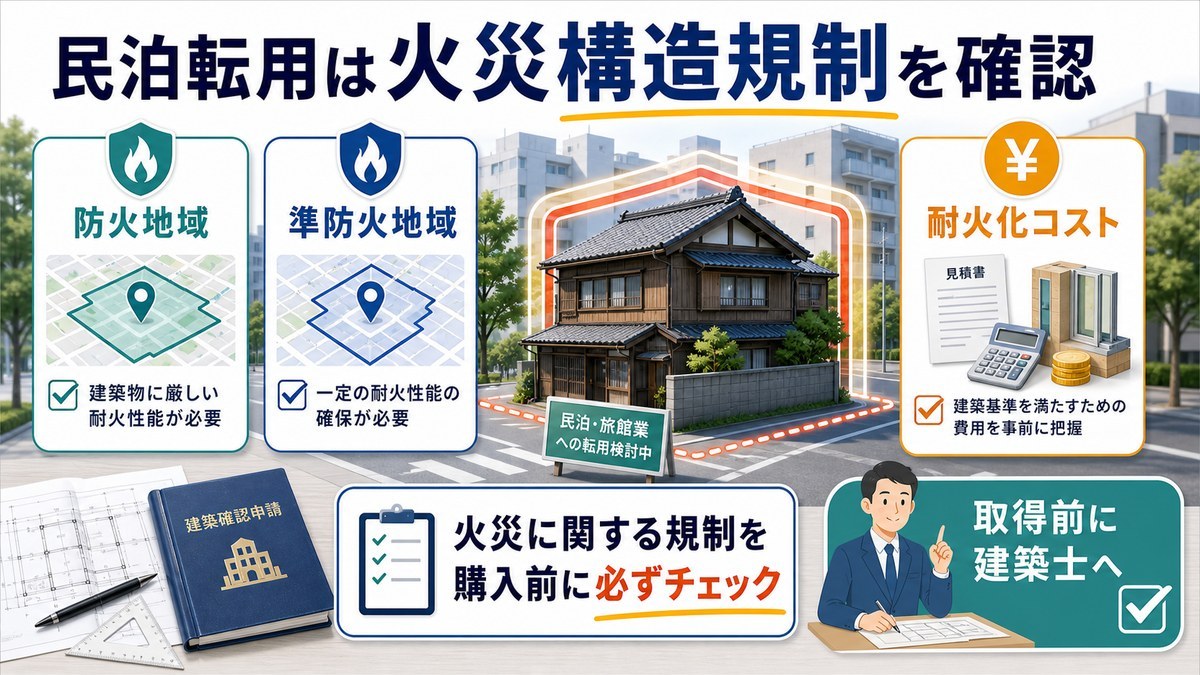 民泊転用で防火地域・準防火地域と耐火化コストを取得前に確認する図解