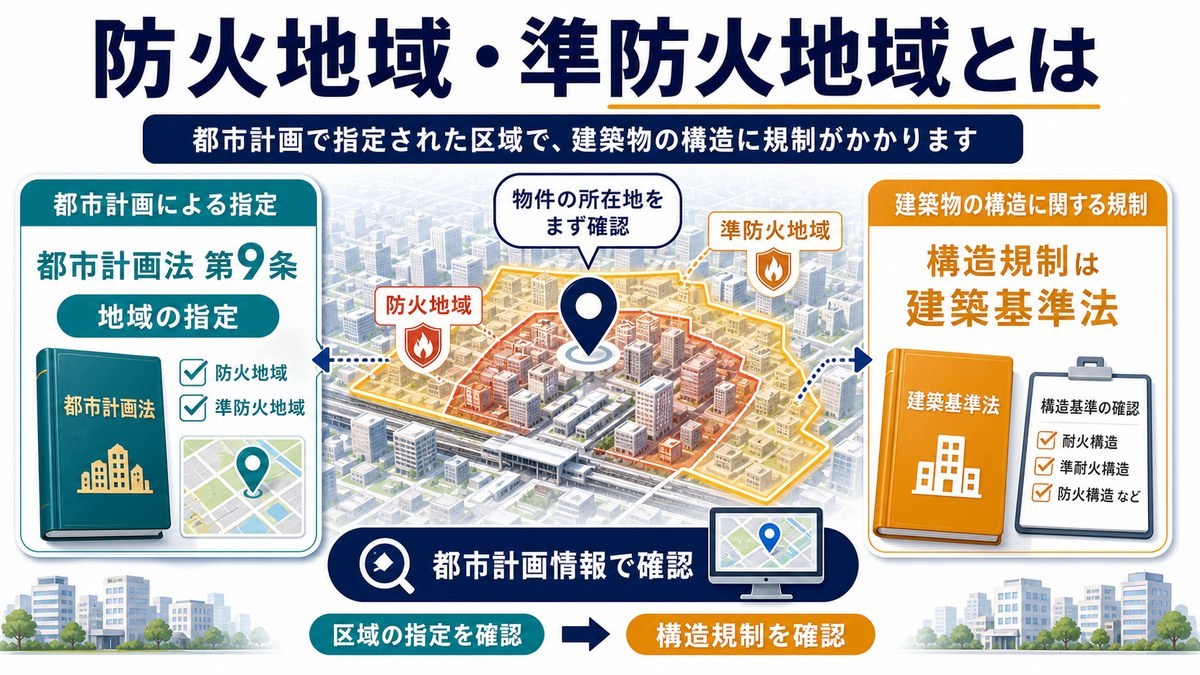 防火地域・準防火地域の指定と建築基準法の構造規制を分けて整理した図解