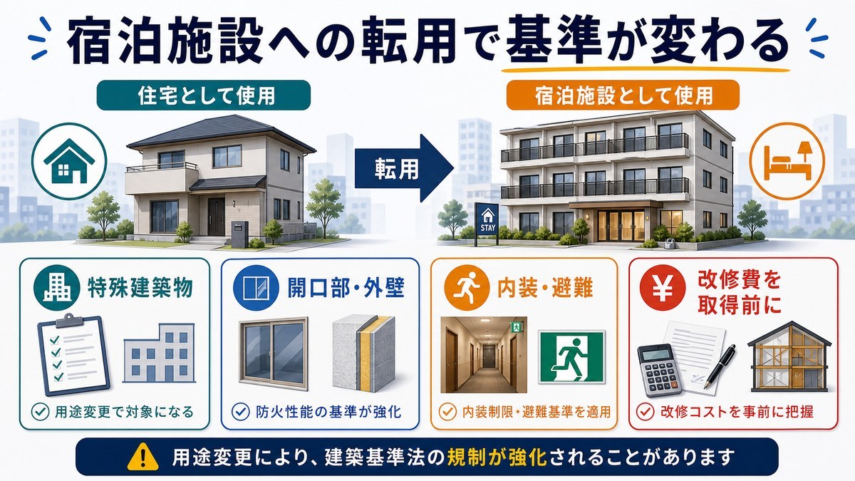 住宅から宿泊施設への転用で特殊建築物・開口部外壁・内装避難・改修費を確認する図解
