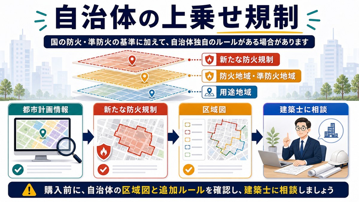 自治体の上乗せ防火規制・区域図・都市計画情報・建築士相談を整理した図解