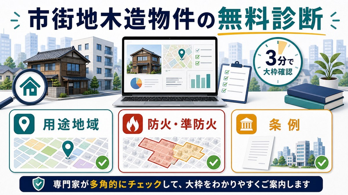 市街地木造物件の無料診断で用途地域・防火準防火・条例を確認する図解