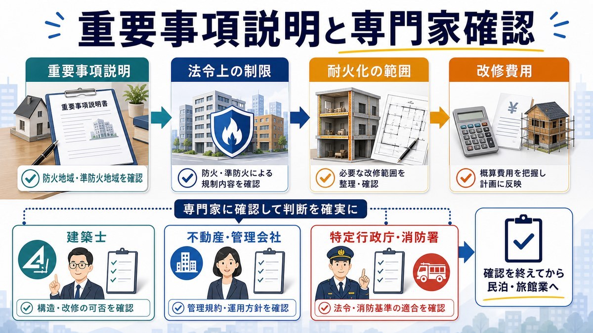 重要事項説明から法令上の制限・耐火化範囲・改修費用・専門家確認へ進む流れの図解