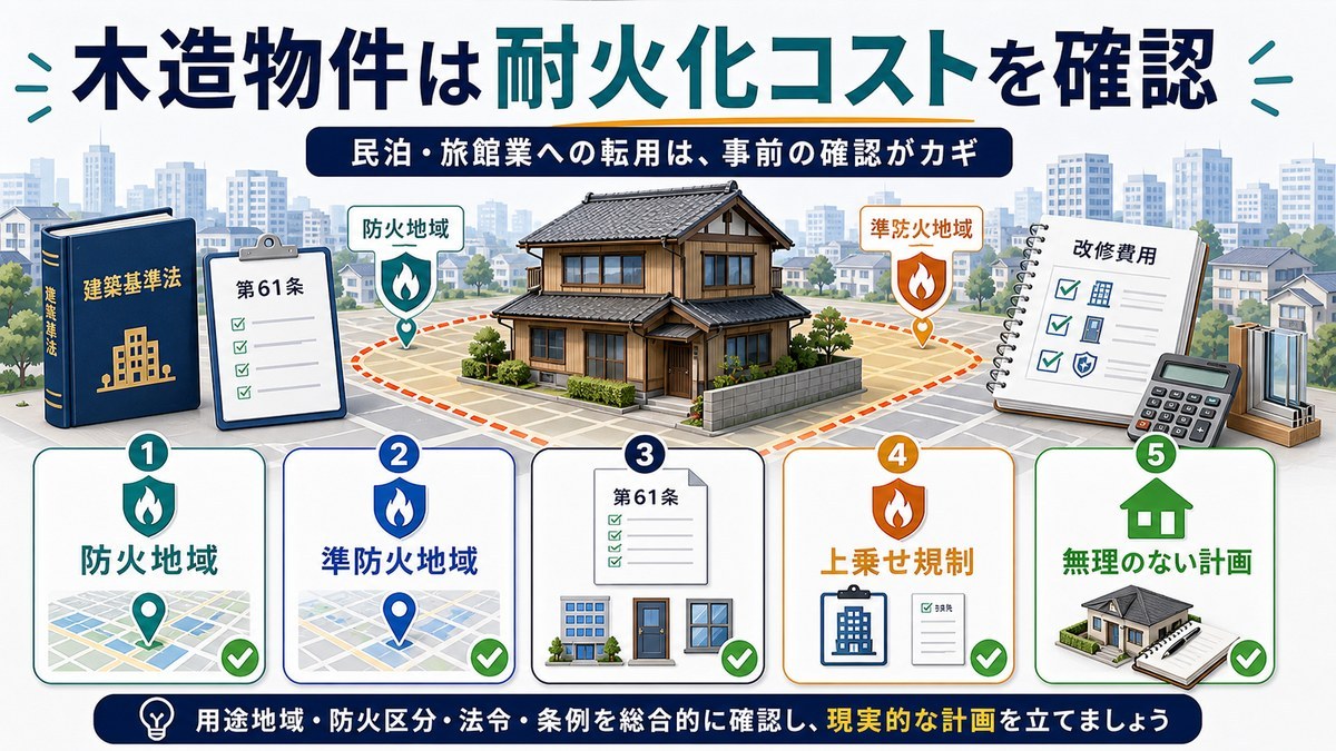 木造物件の民泊転用は防火地域と耐火化コストを取得前に確認するという結論を整理した図解