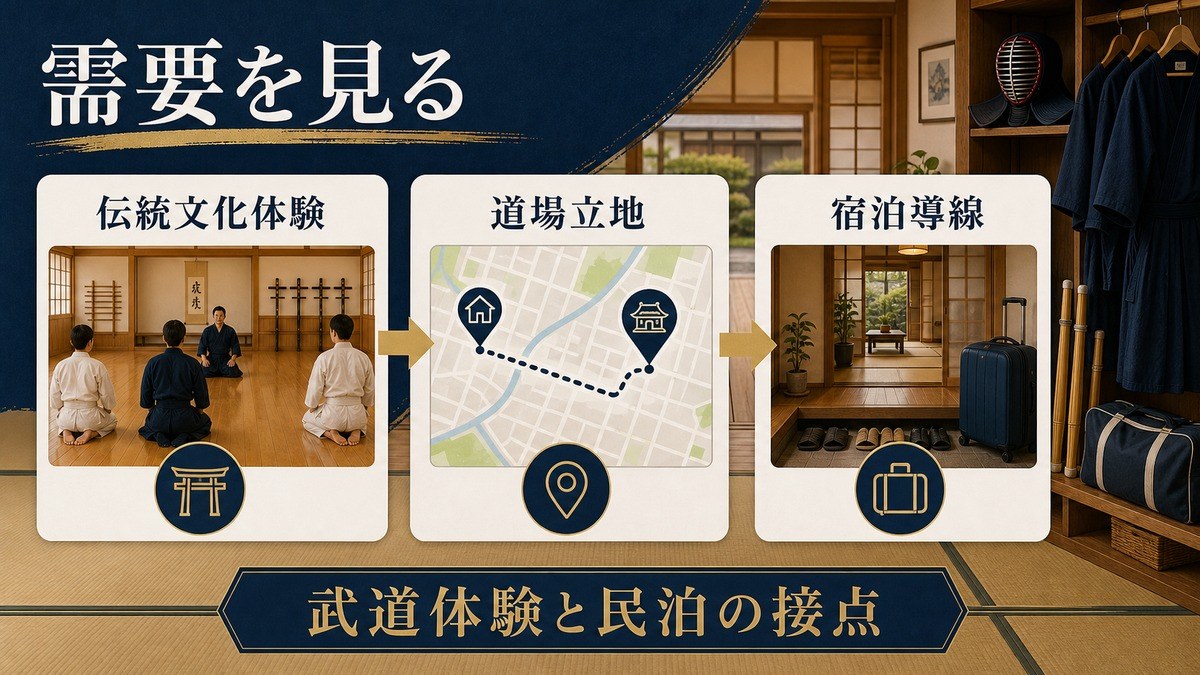 武道体験需要を伝統文化体験・道場立地・宿泊導線から整理した図