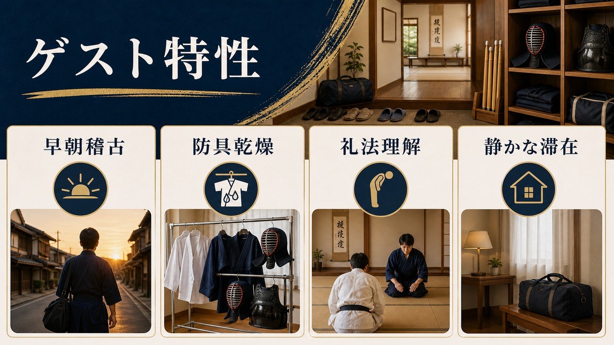 武道体験ゲストの早朝稽古・防具乾燥・礼法理解・静かな滞在ニーズを整理した図