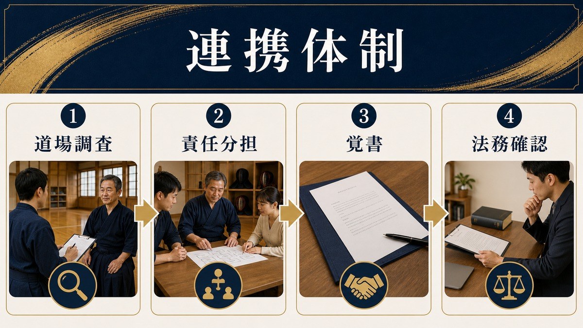 武道体験民泊の道場調査・責任分担・覚書・法務確認を整理した連携体制図