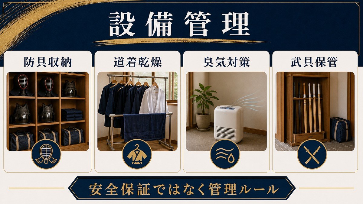 武道体験民泊の防具収納・道着乾燥・臭気対策・武具保管を整理した設備管理図