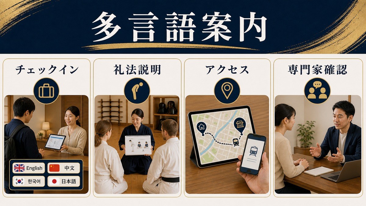 武道体験ゲスト向けのチェックイン・礼法説明・アクセス・専門家確認を整理した多言語案内図