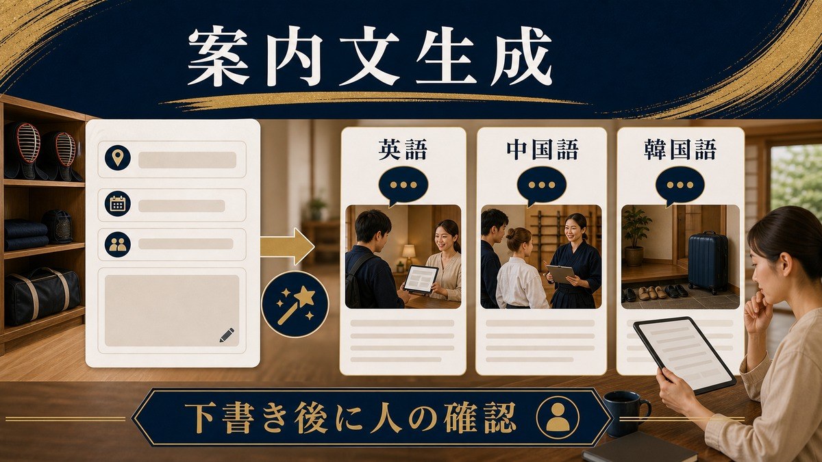 武道体験民泊の英語・中国語・韓国語案内文生成と人による確認を整理した図