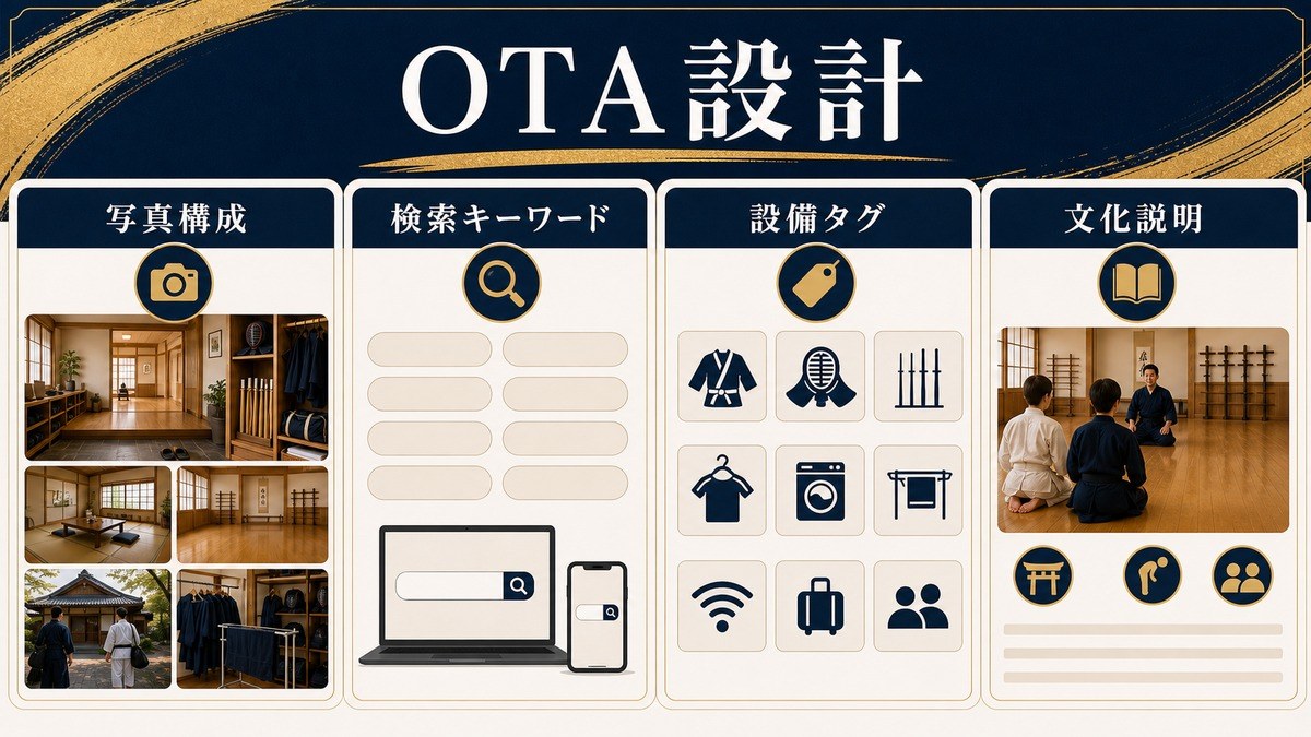 武道民泊のOTA設計として写真構成・検索キーワード・設備タグ・文化説明を整理した図