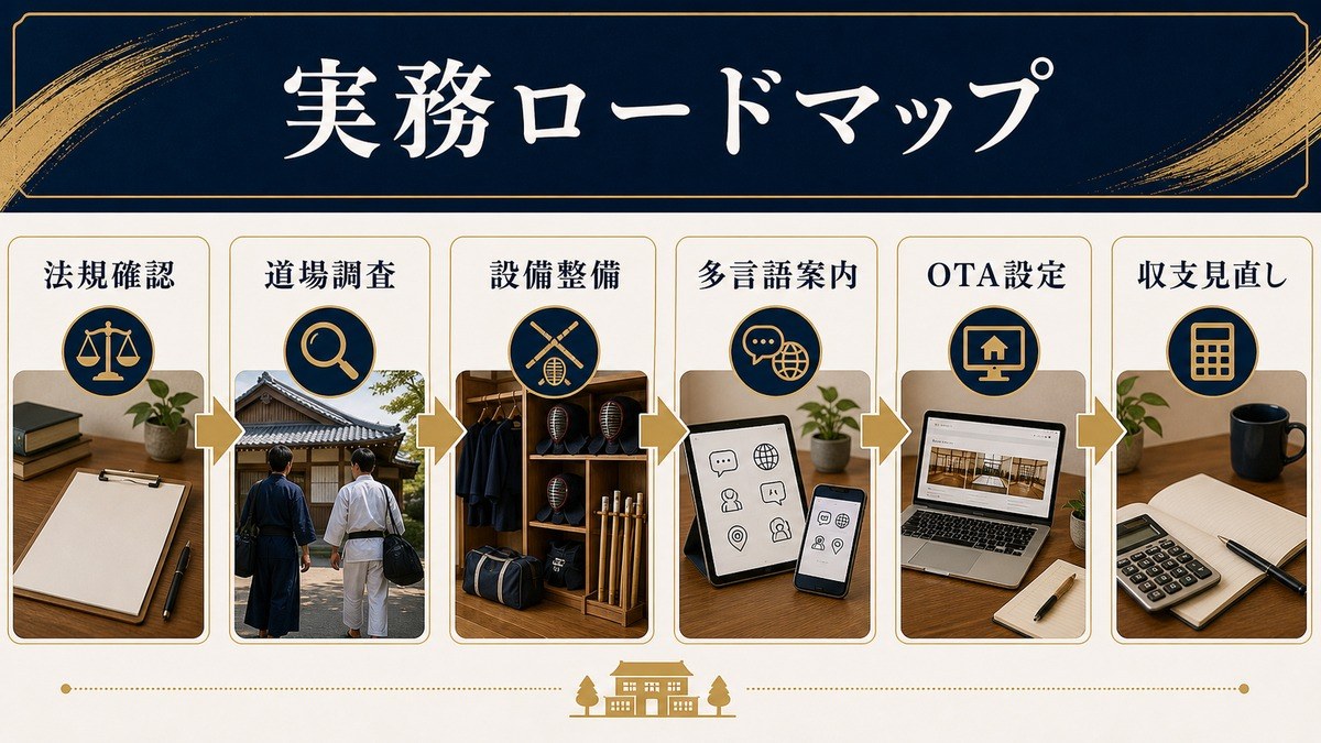 武道体験民泊の法規確認・道場調査・設備整備・多言語案内・OTA設定・収支見直しを整理したロードマップ図