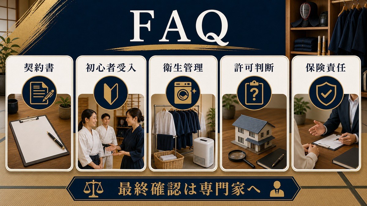 武道体験民泊の契約書・初心者受入・衛生管理・許可判断・保険責任のFAQを整理した図