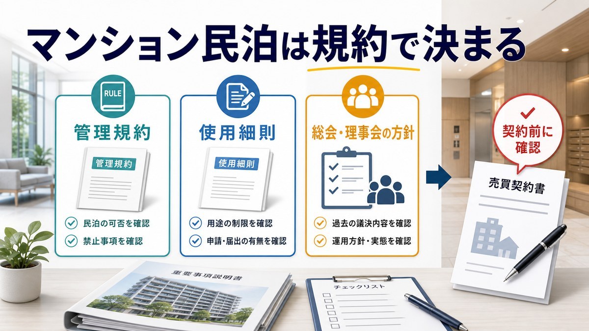 マンション民泊は管理規約・使用細則・総会方針で決まることを整理した図解