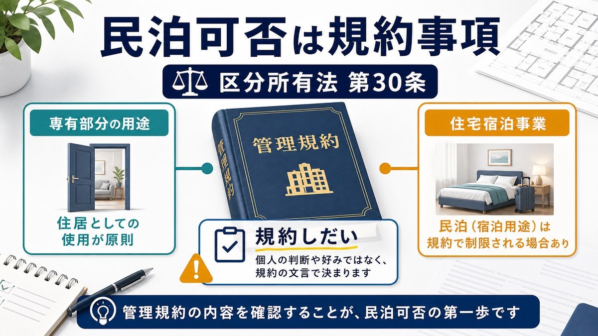区分所有法第30条と管理規約によって民泊可否が決まることを整理した図解