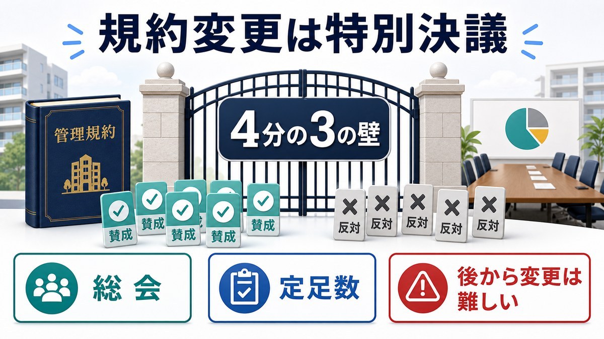 管理規約の変更には特別決議という4分の3の壁があることを整理した図解