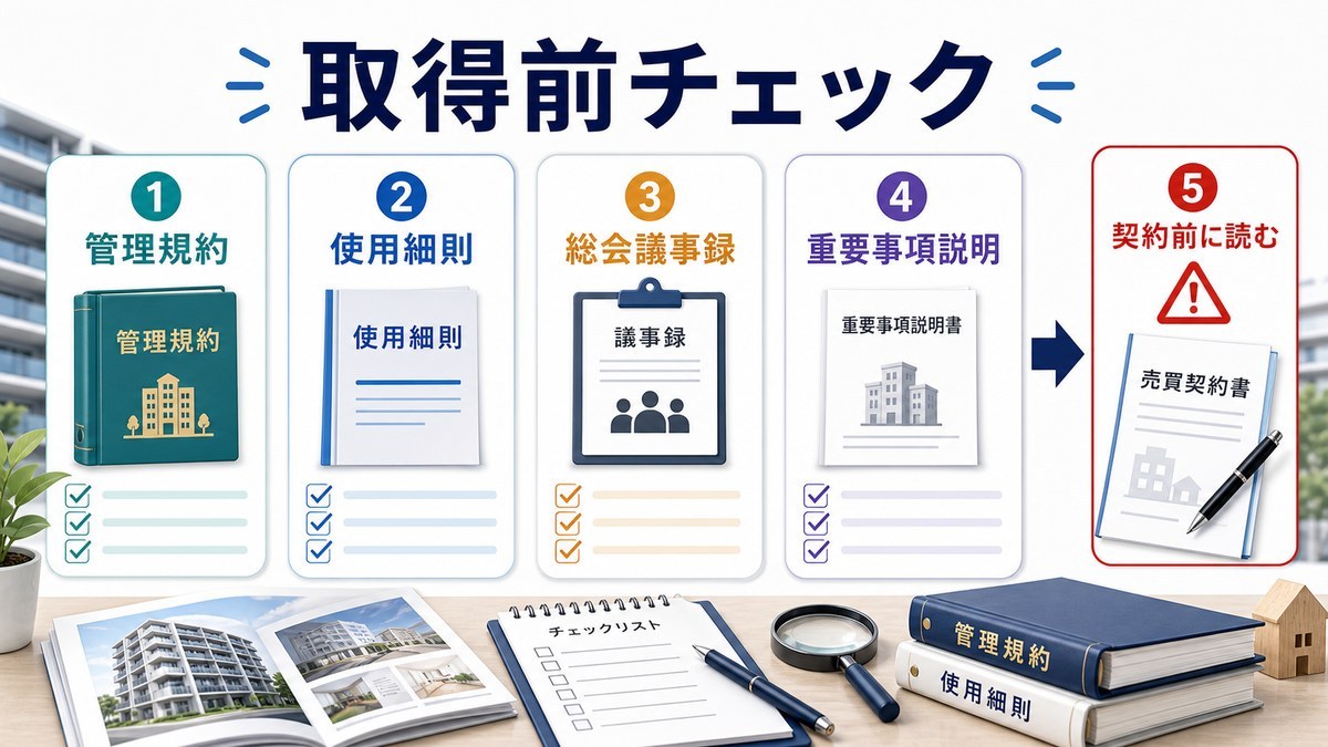分譲マンション取得前に管理規約・使用細則・議事録・重要事項説明を確認する図解