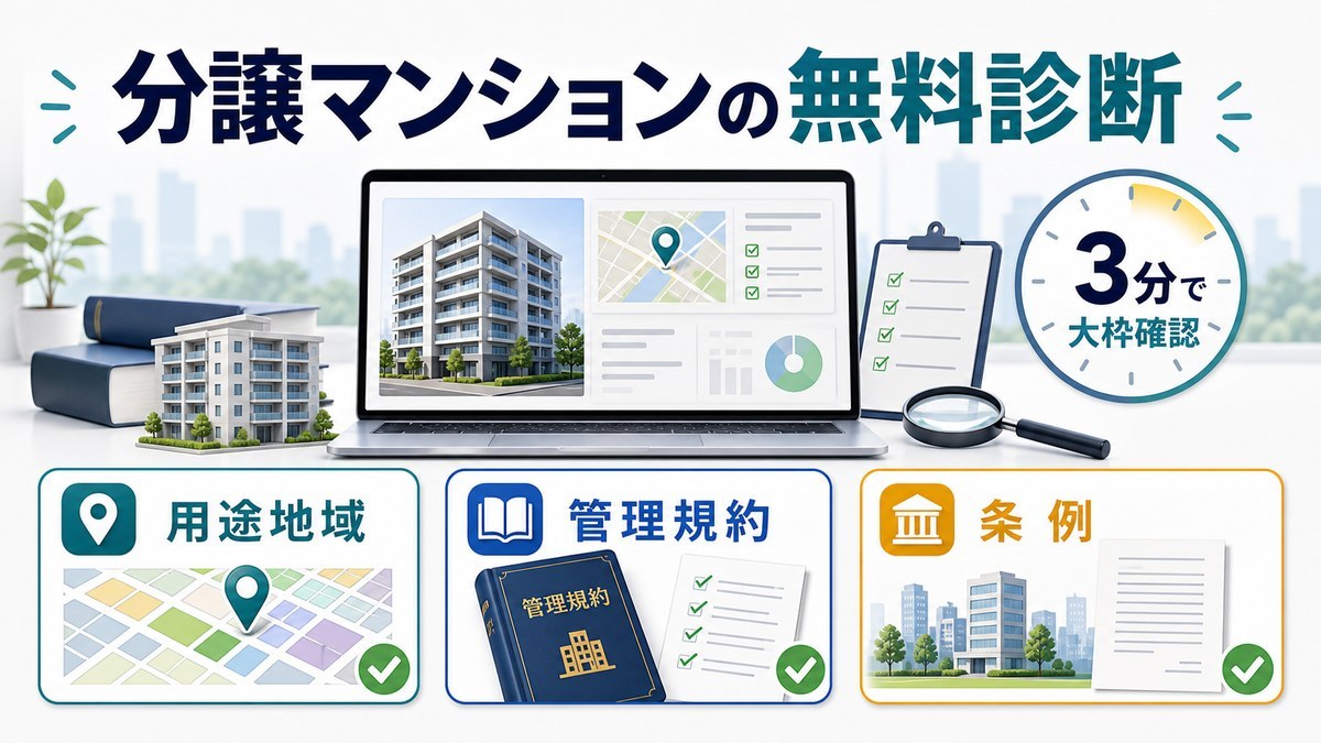 分譲マンションの無料診断で用途地域・管理規約・条例を確認する図解
