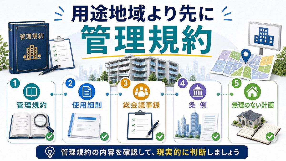 分譲マンションは用途地域より先に管理規約を確認するという結論を整理した図解