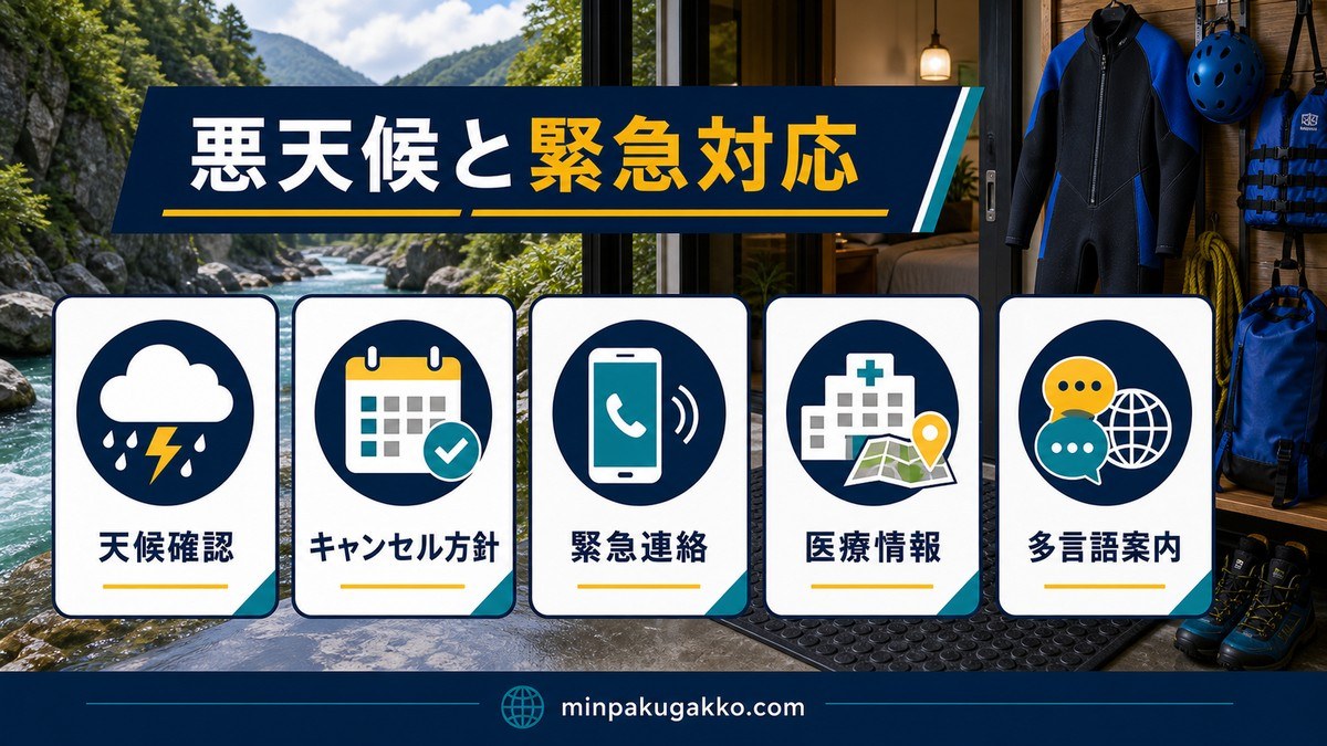 悪天候と緊急対応として天候確認・キャンセル方針・緊急連絡・医療情報・多言語案内を整理した画像