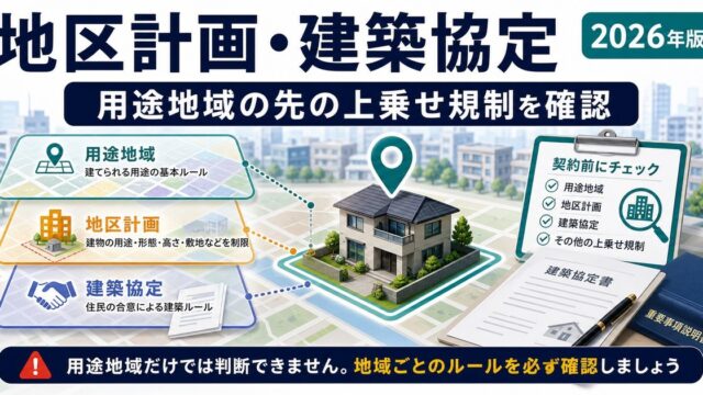 地区計画・建築協定による用途地域の先の上乗せ規制を確認する図解
