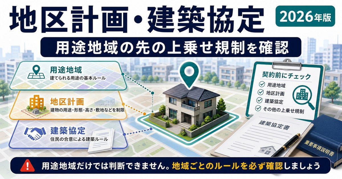 地区計画・建築協定による用途地域の先の上乗せ規制を確認する図解