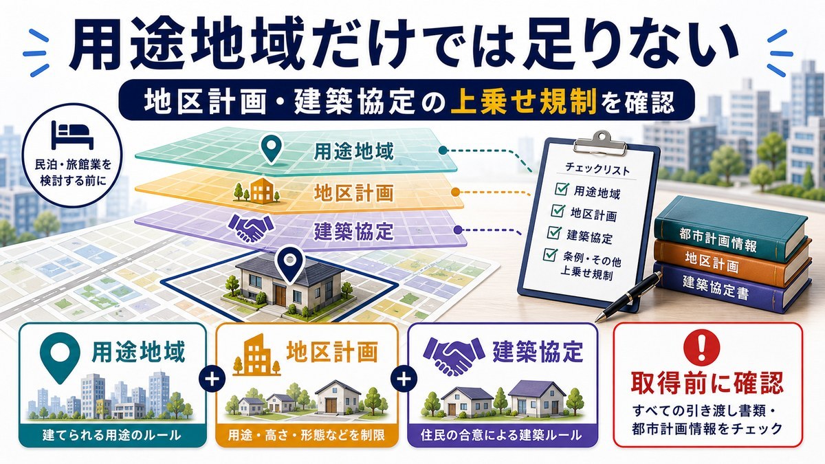 用途地域だけでは足りず地区計画・建築協定の上乗せ規制を取得前に確認する図解