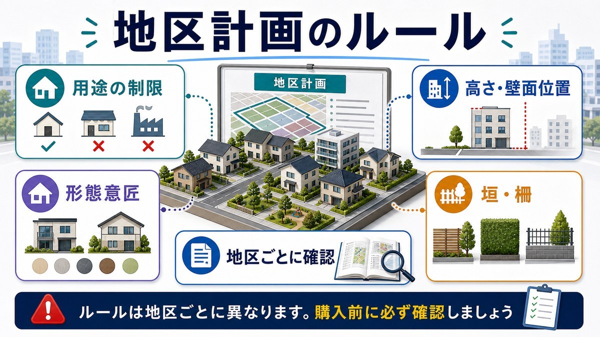 地区計画で定められる用途制限・高さ壁面位置・形態意匠・垣柵を整理した図解