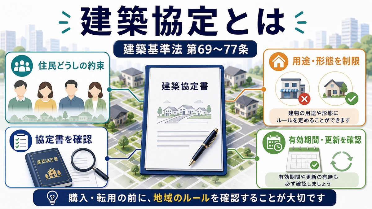 建築協定が建築基準法第69条から第77条にもとづく住民ルールであることを整理した図解