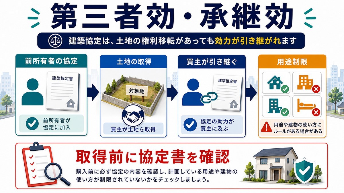 建築協定の第三者効・承継効で前所有者の協定を買主が引き継ぐことを整理した図解