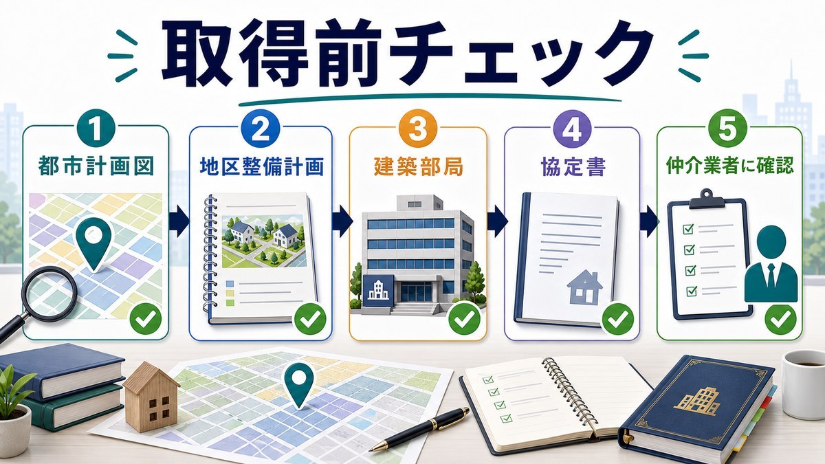 取得前に都市計画図・地区整備計画・建築部局・協定書・仲介業者を確認する手順の図解