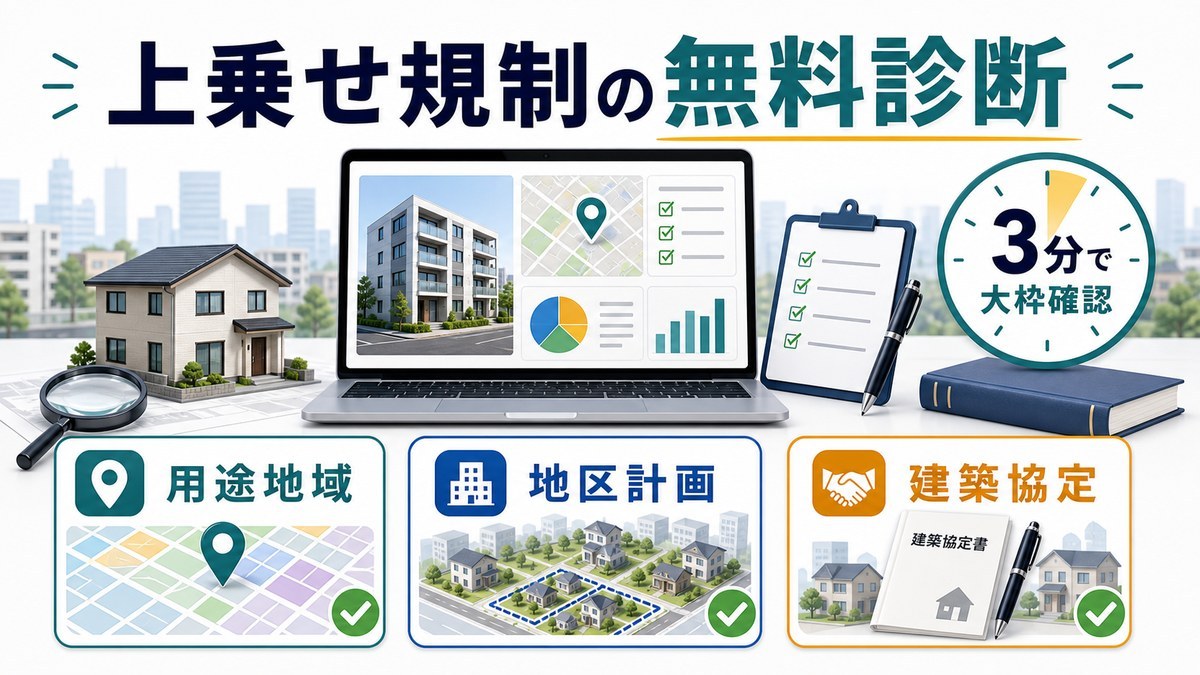 上乗せ規制の無料診断で用途地域・地区計画・建築協定を確認する図解