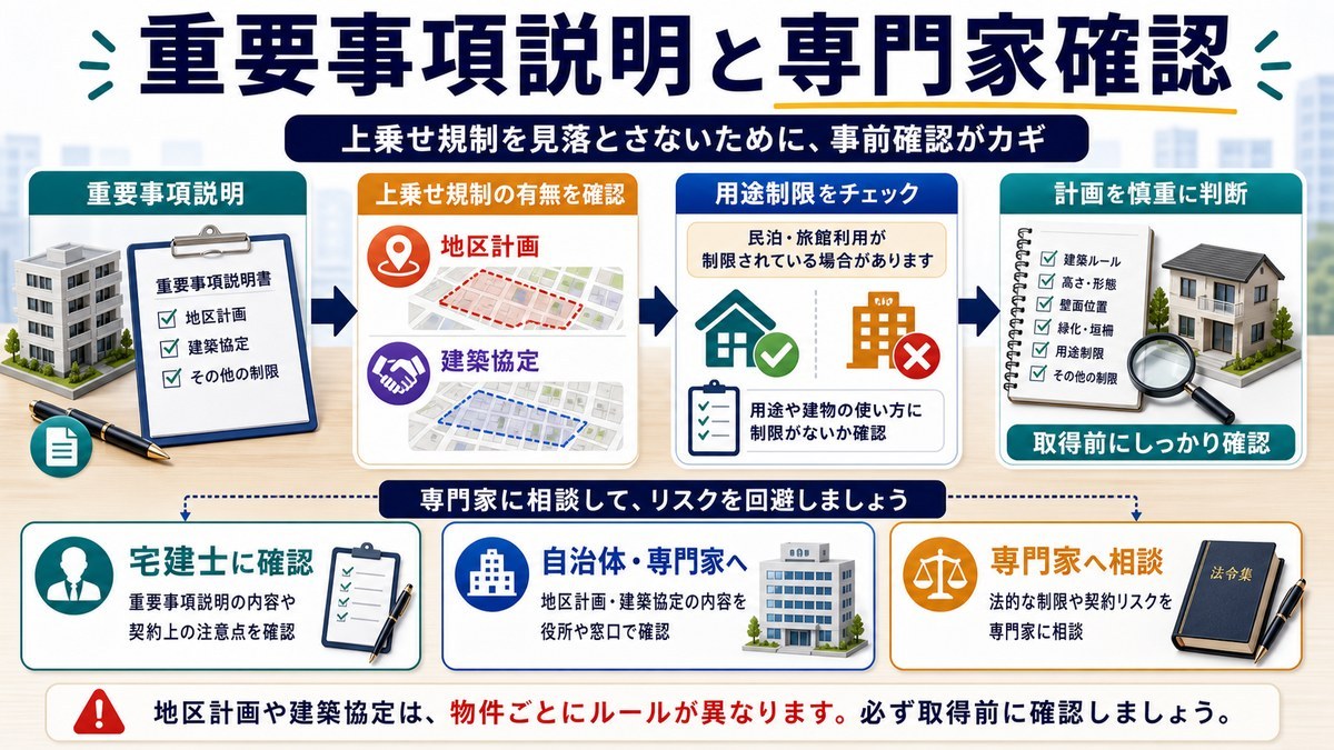重要事項説明で地区計画・建築協定・用途制限を確認し宅建士や自治体専門家へ相談する図解