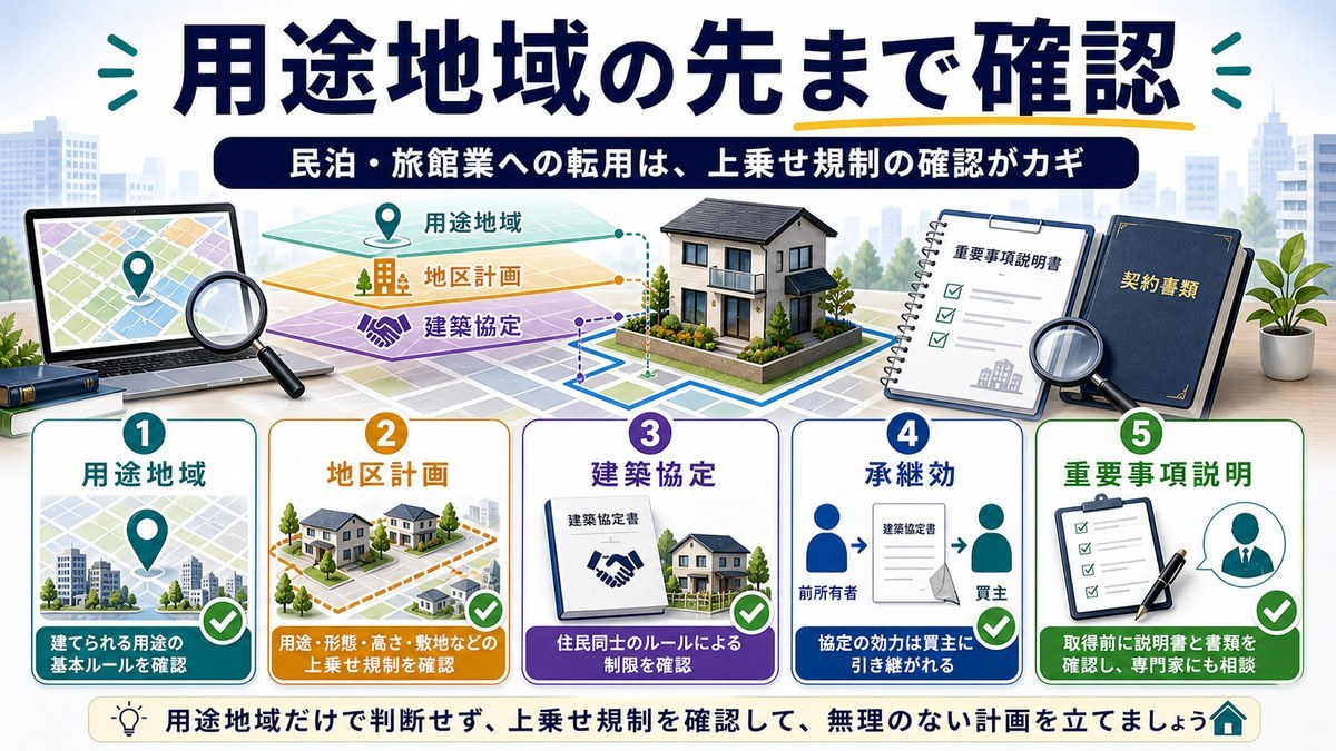 用途地域の先まで地区計画・建築協定・承継効・重要事項説明を確認する結論の図解