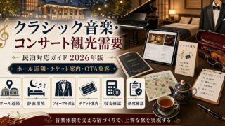 クラシック音楽・コンサート観光需要に対応する民泊の市場動向、滞在ニーズ、設備、ホスピタリティ、OTA集客、収支確認、制度確認をまとめたアイキャッチ画像