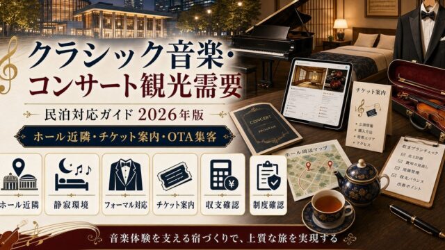 クラシック音楽・コンサート観光需要に対応する民泊の市場動向、滞在ニーズ、設備、ホスピタリティ、OTA集客、収支確認、制度確認をまとめたアイキャッチ画像