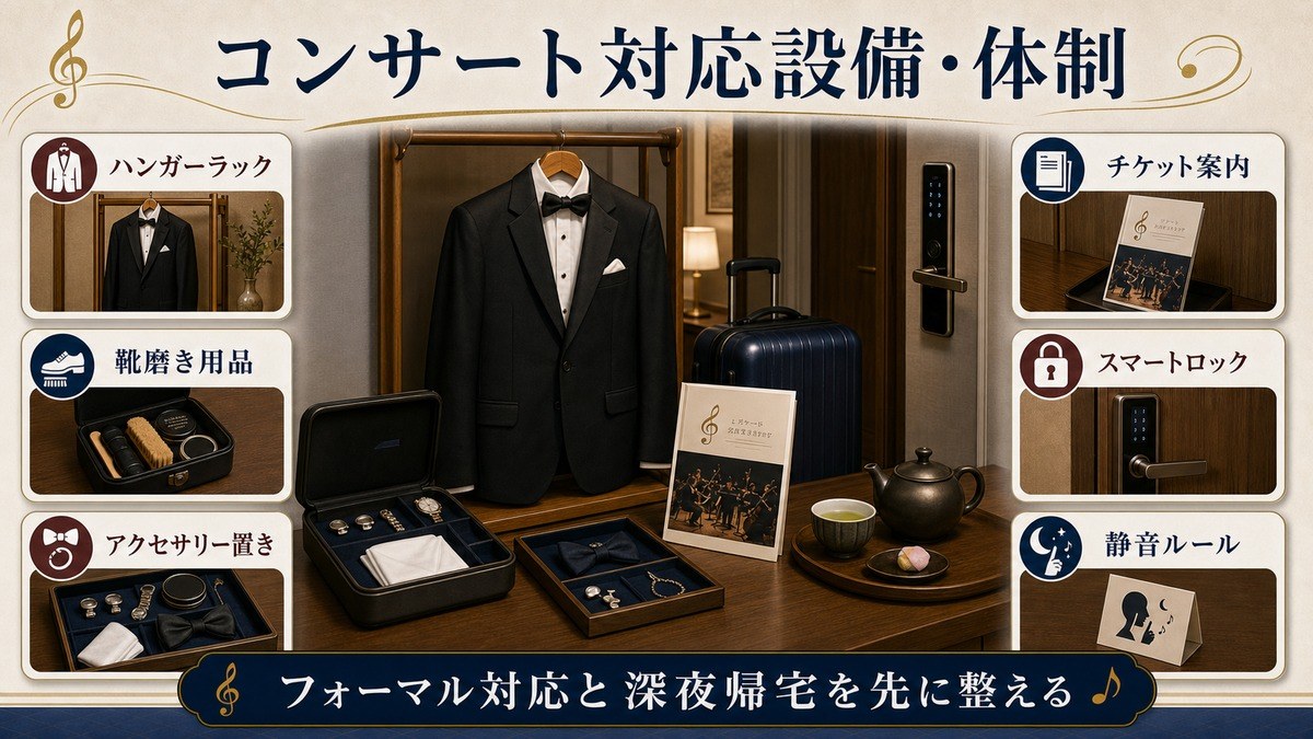 コンサート対応設備と運営体制をハンガーラック、靴磨き用品、アクセサリー置き、チケット案内、スマートロック、静音ルールで整理した図解