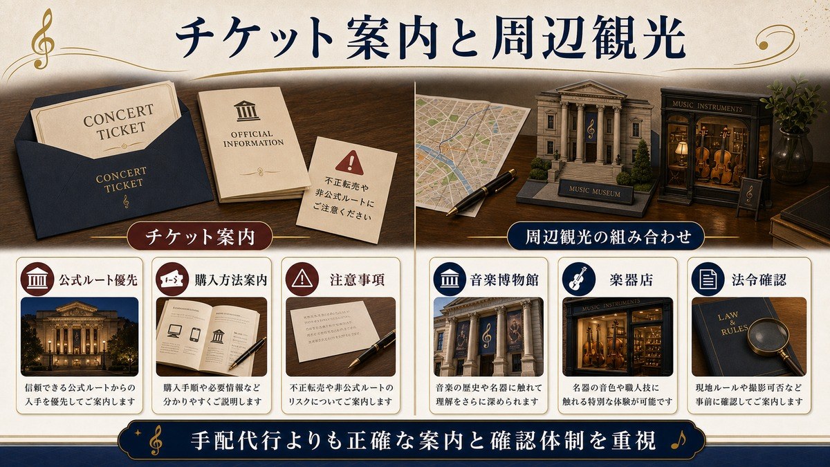 チケット案内と周辺観光の組み合わせを公式ルート優先、購入方法案内、注意事項、音楽博物館、楽器店、法令確認で整理した図解