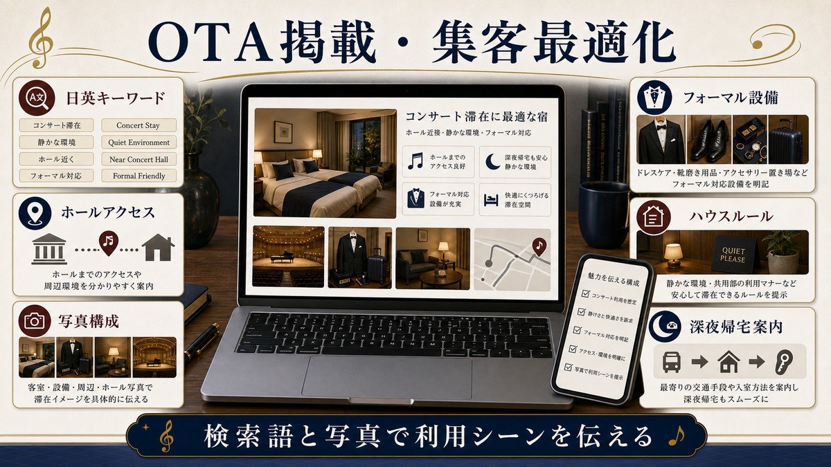 OTA掲載と集客最適化を日英キーワード、ホールアクセス、写真構成、フォーマル設備、ハウスルール、深夜帰宅案内で整理した図解